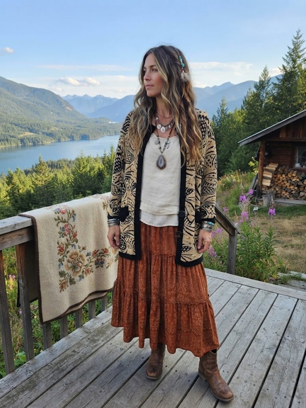 Vintage Black and Cream Patterned Women's Knit Cardigan Sweater